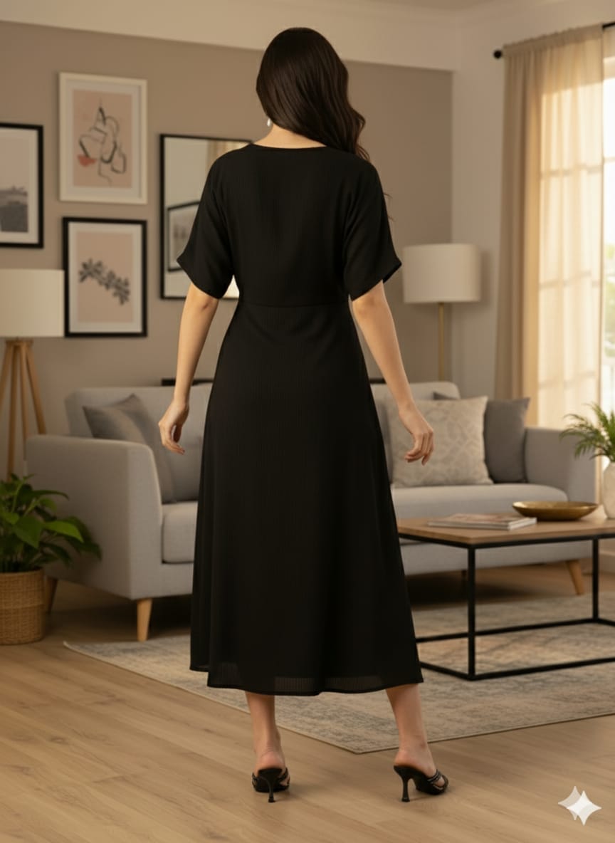 Sleek Italia Crepe V-Neck A-Line Midi Dress