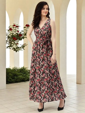 Sleek Italia Floral Printed V-Neck Sleeveless Crepe Maxi Dress