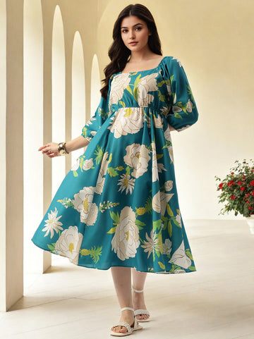 Floral Print Off Shoulder Puff Sleeve A Line Midi Dress 1