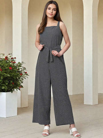 Sleek Italia Printed Shoulder Straps Waist Tie Ups Jumpsuit