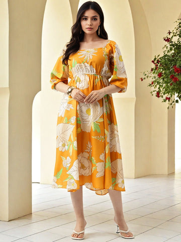 Floral Print Off Shoulder Puff Sleeve A Line Midi Dress