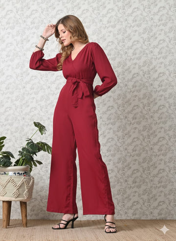 Sleek Italia Maroon V Neck Three-Quarter Sleeves Waist Tie-Ups Basic Jumpsuit