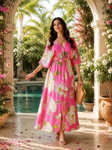 Sleek Italia Pink Floral Print Kimono Sleeve Kaftan Maxi Dress