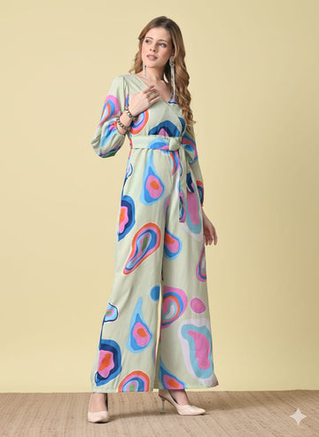 Sleek Italia Printed V Neck Long Sleeves Waist Tie-Ups Basic Jumpsuit