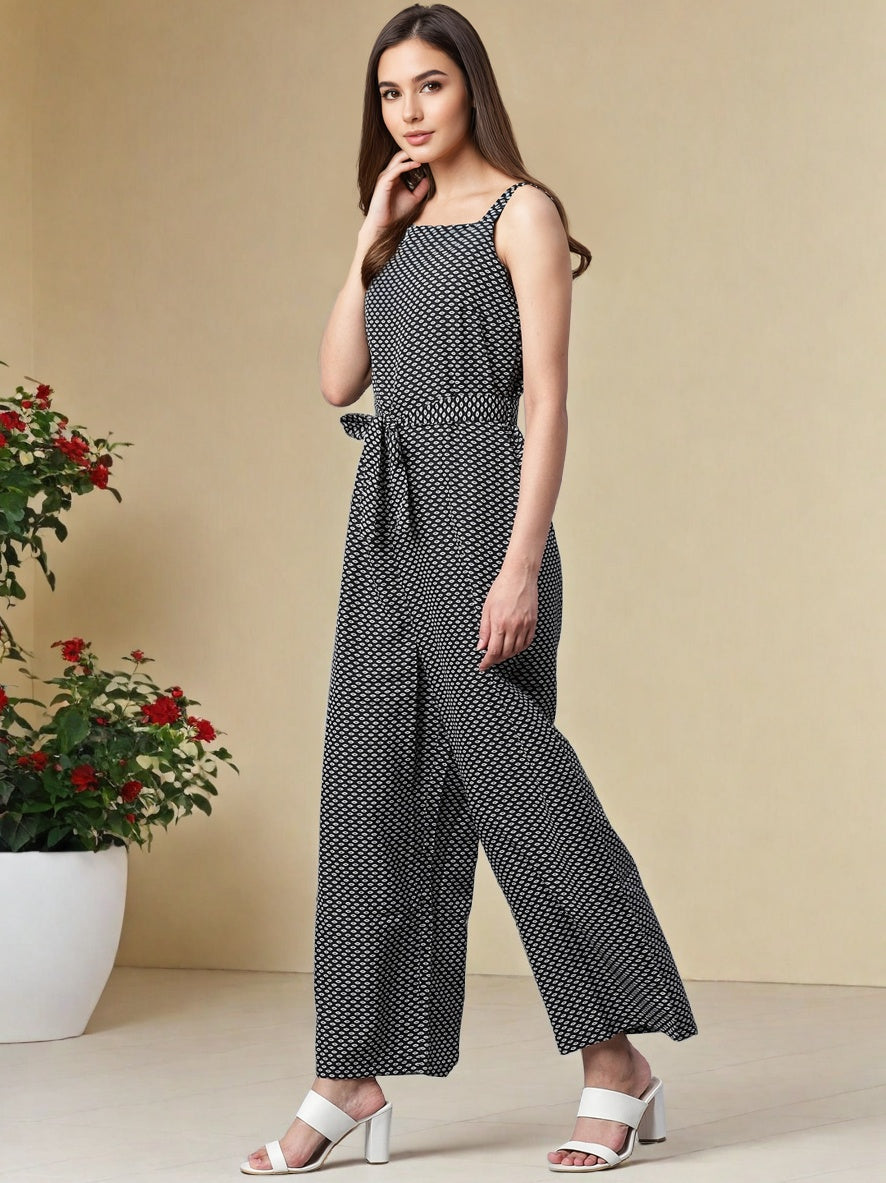 Sleek Italia Printed Shoulder Straps Waist Tie Ups Jumpsuit