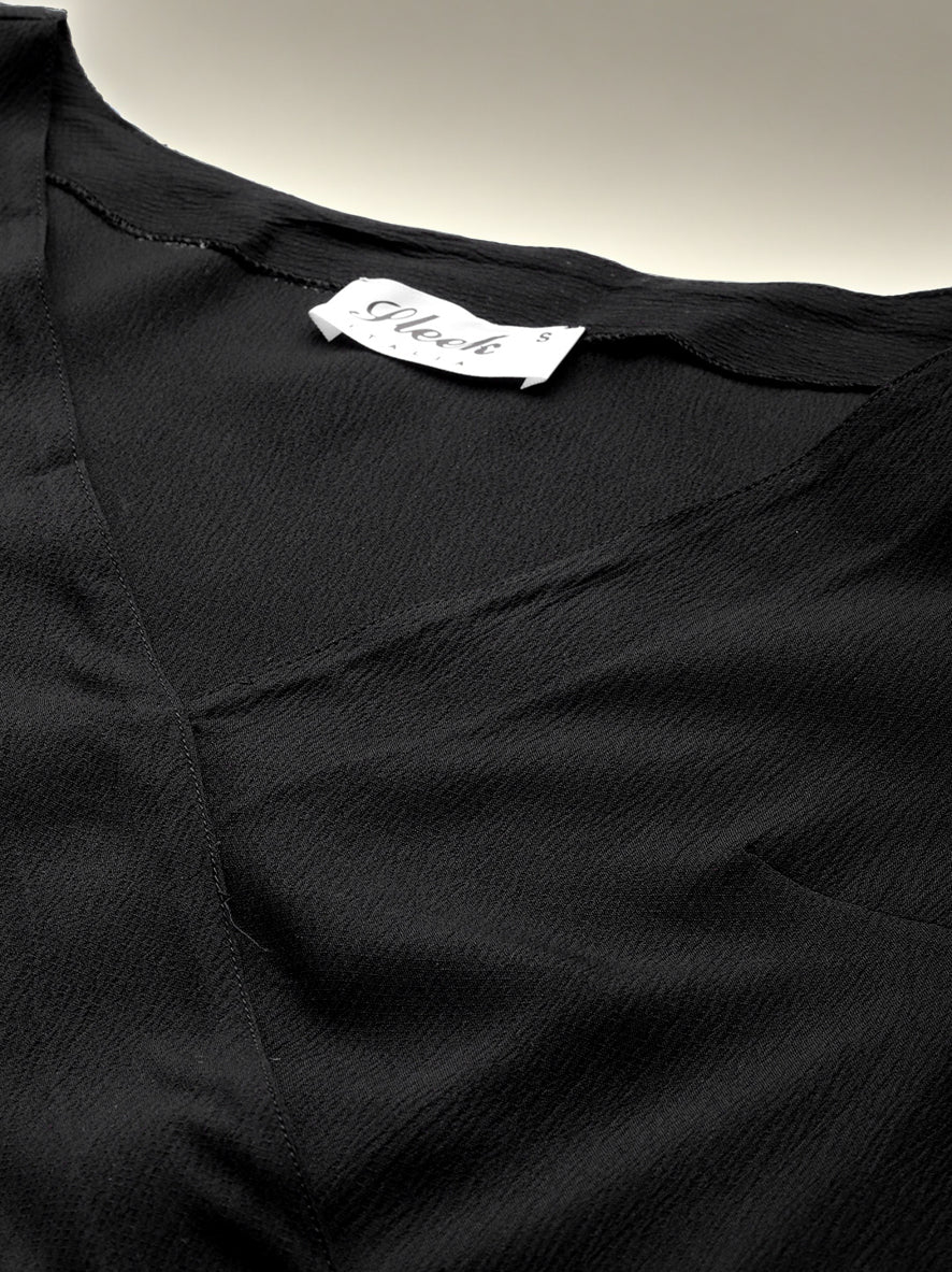 SLEEK ITALIA Black V Neck Puff Sleeves Regular Crop Top