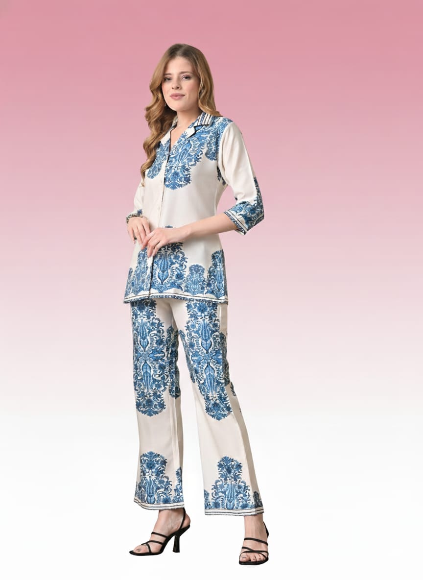 Sleek Italia Printed Shirt Collar Neck Shirt & Trousers Co-Ords