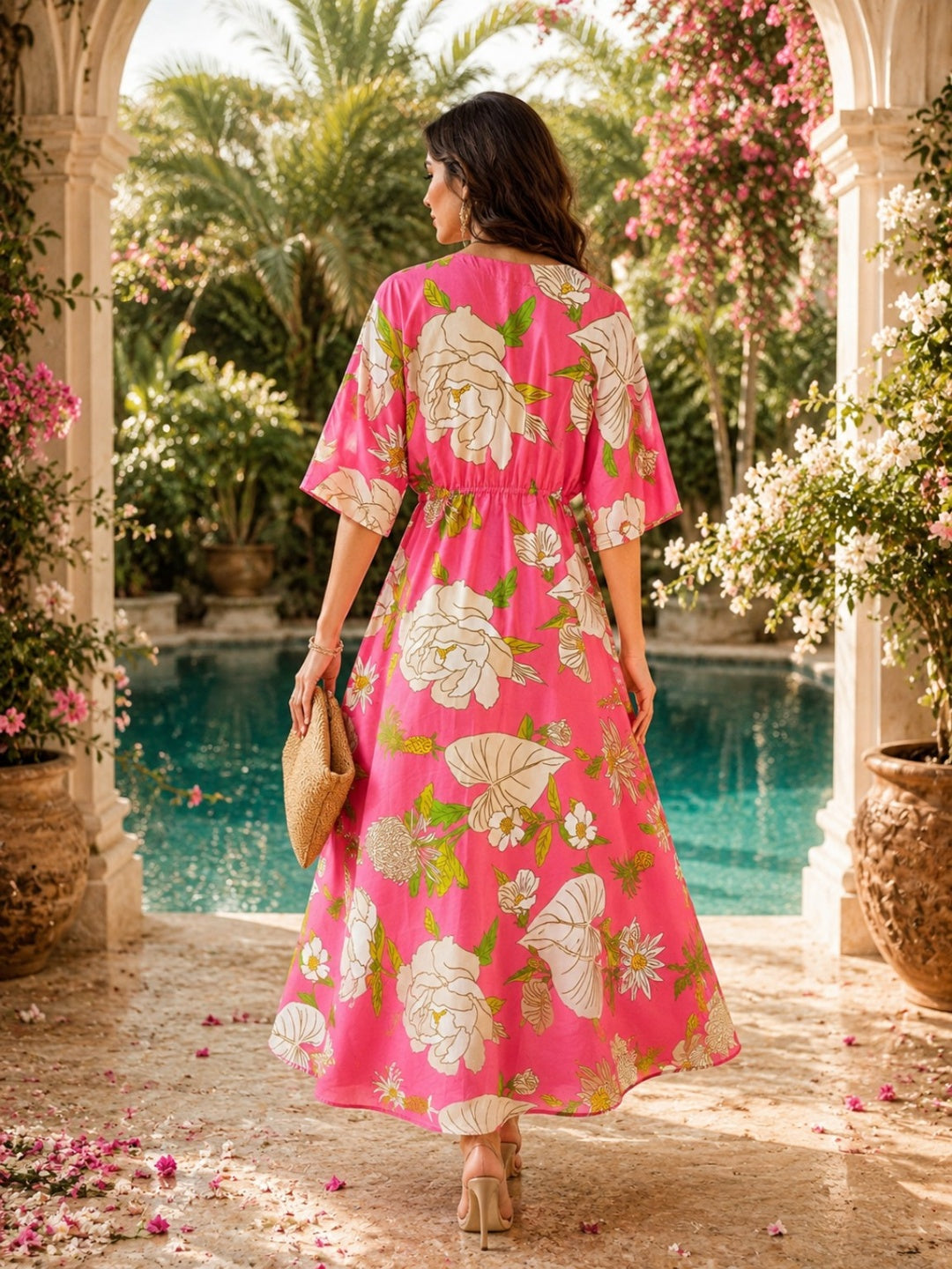 Sleek Italia Pink Floral Print Kimono Sleeve Kaftan Maxi Dress