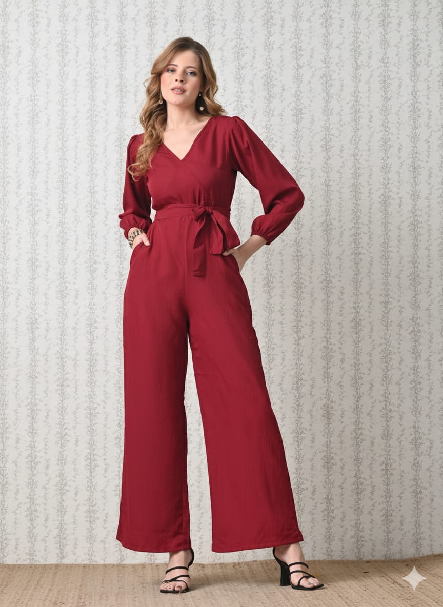 Sleek Italia Maroon V Neck Three-Quarter Sleeves Waist Tie-Ups Basic Jumpsuit