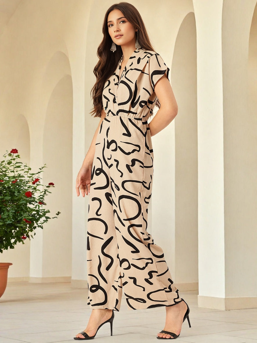 Sleek Italia Beige and Black Abstract Printed Basic Jumpsuit