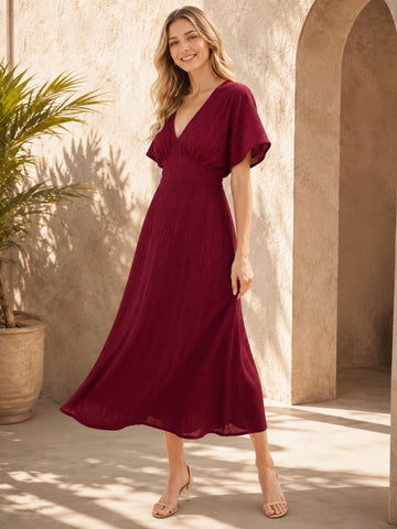Women Burgundy Solid A-Line Midi Dress with Flutter Sleeves & V-Neck